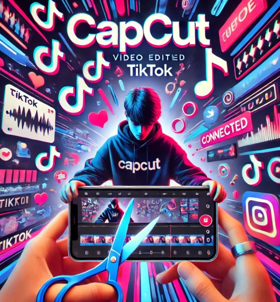 Eine dynamische, farbenfrohe Illustration zeigt einen jungen Mann in einem „CapCut“-Hoodie, der vor einem Hintergrund mit TikTok-Symbolen, Herzchen und Medien-Icons steht. Im Vordergrund hält jemand ein Smartphone, auf dem ein Video mit CapCut bearbeitet wird, während eine Schere das Display scheinbar durchschneidet. Text auf dem Bild: „CapCut – Video Edited TikTok“. Die Szene vermittelt Kreativität, soziale Vernetzung und den Bezug zur Videobearbeitung für TikTok und Instagram