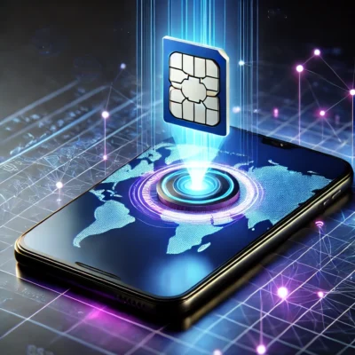 Ein modernes Smartphone mit einem schwebenden digitalen eSIM-Chip über dem Display. Der Chip leuchtet in Blau und Violett und wird durch Lichtstrahlen mit dem Gerät verbunden. Auf dem Bildschirm ist eine stilisierte Weltkarte mit vernetzten Punkten zu sehen, die globale Konnektivität symbolisiert. Der Hintergrund zeigt ein futuristisches, technisches Design mit digitalen Linien und Lichtpunkten.