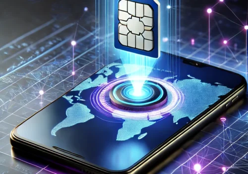 Ein modernes Smartphone mit einem schwebenden digitalen eSIM-Chip über dem Display. Der Chip leuchtet in Blau und Violett und wird durch Lichtstrahlen mit dem Gerät verbunden. Auf dem Bildschirm ist eine stilisierte Weltkarte mit vernetzten Punkten zu sehen, die globale Konnektivität symbolisiert. Der Hintergrund zeigt ein futuristisches, technisches Design mit digitalen Linien und Lichtpunkten.