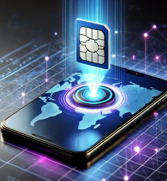Ein modernes Smartphone mit einem schwebenden digitalen eSIM-Chip über dem Display. Der Chip leuchtet in Blau und Violett und wird durch Lichtstrahlen mit dem Gerät verbunden. Auf dem Bildschirm ist eine stilisierte Weltkarte mit vernetzten Punkten zu sehen, die globale Konnektivität symbolisiert. Der Hintergrund zeigt ein futuristisches, technisches Design mit digitalen Linien und Lichtpunkten.