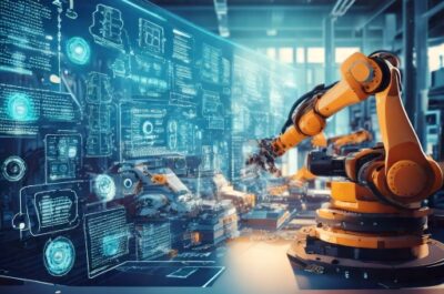 Ein hochmoderner Industrieroboterarm arbeitet in einer smarten Fabrikumgebung. Digitale holografische Anzeigen mit technischen Daten und Steuerungsinformationen schweben vor dem Roboter, der präzise Fertigungsaufgaben ausführt. Im Hintergrund sind weitere automatisierte Maschinen in einer hochentwickelten Produktionshalle zu sehen, die den Fortschritt der Industrie 4.0 symbolisieren.