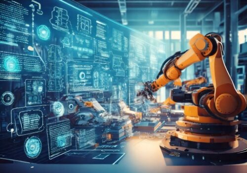 Ein hochmoderner Industrieroboterarm arbeitet in einer smarten Fabrikumgebung. Digitale holografische Anzeigen mit technischen Daten und Steuerungsinformationen schweben vor dem Roboter, der präzise Fertigungsaufgaben ausführt. Im Hintergrund sind weitere automatisierte Maschinen in einer hochentwickelten Produktionshalle zu sehen, die den Fortschritt der Industrie 4.0 symbolisieren.