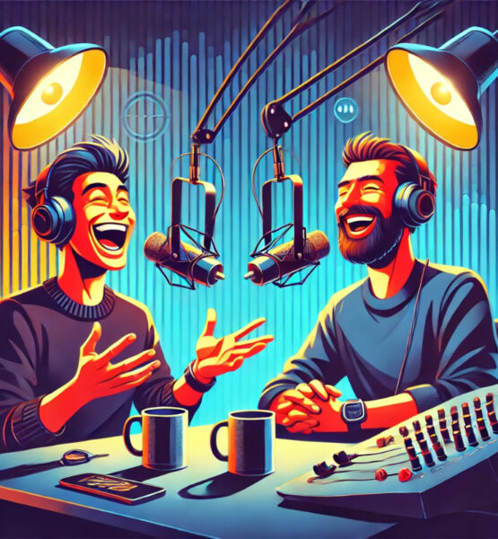 Ein stilisiertes, modernes Digitalbild eines Comedy-Podcast-Setups. Zwei Podcaster sitzen in einem lebhaften Studio, lachen und sprechen in Mikrofone. Die Szene ist dynamisch mit kräftigen Farben, ausdrucksstarken Gesichtern und verspielten Details gestaltet. Kopfhörer, ein Laptop und Studiolichter unterstreichen die professionelle, aber lockere Atmosphäre. Das Bild vermittelt Humor, Energie und den Spaß am Podcasting.