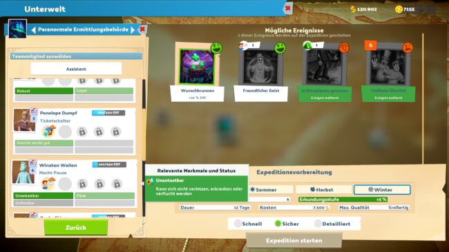 Die Expeditionsvorbereitung zeigt mögliche Komplikationen und verfügbares Personal.