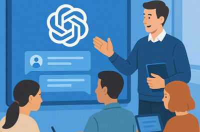 Ein digital illustriertes Klassenzimmer zeigt einen Lehrer, der vor einem großen digitalen Bildschirm steht und eine Anwendung mit dem ChatGPT-Logo erklärt. Drei Studierende sitzen an Tischen, zwei arbeiten an Laptops, eine Person schreibt mit einem Stift. Der Raum ist modern gestaltet, in kühlen Blau- und Erdtönen gehalten, und die Szene vermittelt eine technologiegestützte Lernumgebung.