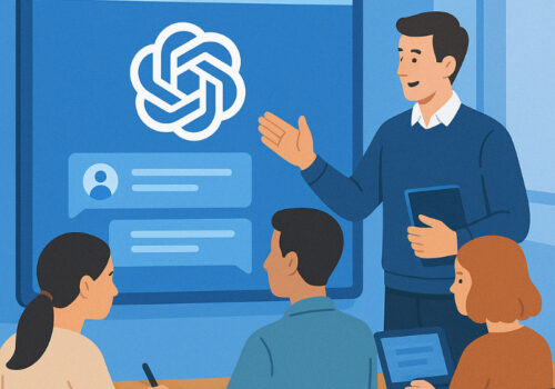 Ein digital illustriertes Klassenzimmer zeigt einen Lehrer, der vor einem großen digitalen Bildschirm steht und eine Anwendung mit dem ChatGPT-Logo erklärt. Drei Studierende sitzen an Tischen, zwei arbeiten an Laptops, eine Person schreibt mit einem Stift. Der Raum ist modern gestaltet, in kühlen Blau- und Erdtönen gehalten, und die Szene vermittelt eine technologiegestützte Lernumgebung.