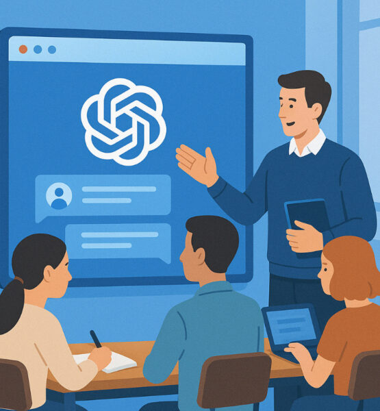 Ein digital illustriertes Klassenzimmer zeigt einen Lehrer, der vor einem großen digitalen Bildschirm steht und eine Anwendung mit dem ChatGPT-Logo erklärt. Drei Studierende sitzen an Tischen, zwei arbeiten an Laptops, eine Person schreibt mit einem Stift. Der Raum ist modern gestaltet, in kühlen Blau- und Erdtönen gehalten, und die Szene vermittelt eine technologiegestützte Lernumgebung.