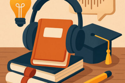 Ein flaches digitales Stillleben zeigt eine Szene rund um Bildung und Podcasts: Ein Paar dunkelblaue Kopfhörer liegt auf einem orangefarbenen Notizbuch, das auf einem größeren Buch ruht. Daneben befinden sich ein leuchtendes Symbol einer Glühbirne, ein Abschlusshut mit gelber Quaste, ein zusammengerolltes Diplom mit rotem Band und ein gelber Bleistift. Im Hintergrund ist eine stilisierte Sprachblase mit Schallwellen zu sehen. Die Farbgebung kombiniert warme Holz- und Beigetöne mit kontrastreichen Akzenten in Blau, Orange und Gelb.