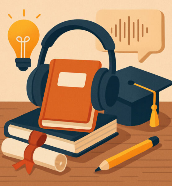 Ein flaches digitales Stillleben zeigt eine Szene rund um Bildung und Podcasts: Ein Paar dunkelblaue Kopfhörer liegt auf einem orangefarbenen Notizbuch, das auf einem größeren Buch ruht. Daneben befinden sich ein leuchtendes Symbol einer Glühbirne, ein Abschlusshut mit gelber Quaste, ein zusammengerolltes Diplom mit rotem Band und ein gelber Bleistift. Im Hintergrund ist eine stilisierte Sprachblase mit Schallwellen zu sehen. Die Farbgebung kombiniert warme Holz- und Beigetöne mit kontrastreichen Akzenten in Blau, Orange und Gelb.