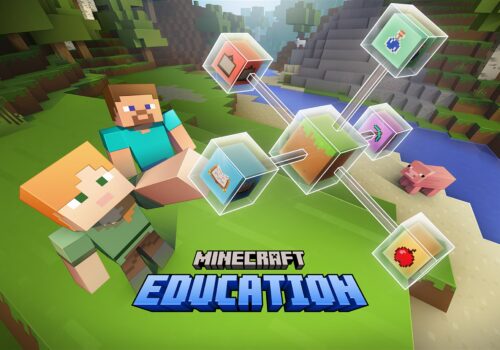 Zwei Minecraft-Charaktere sitzen auf einer Wiese in einer typischen blockartigen Landschaft mit Bäumen, Bergen und einem Fluss. Neben ihnen schweben transparente Würfel mit Symbolen für verschiedene Lerninhalte wie Bücher, ein Apfel, ein Trank und Werkzeuge. Im Hintergrund steht ein Schwein am Flussufer. Unten im Bild steht der Schriftzug „Minecraft Education“.