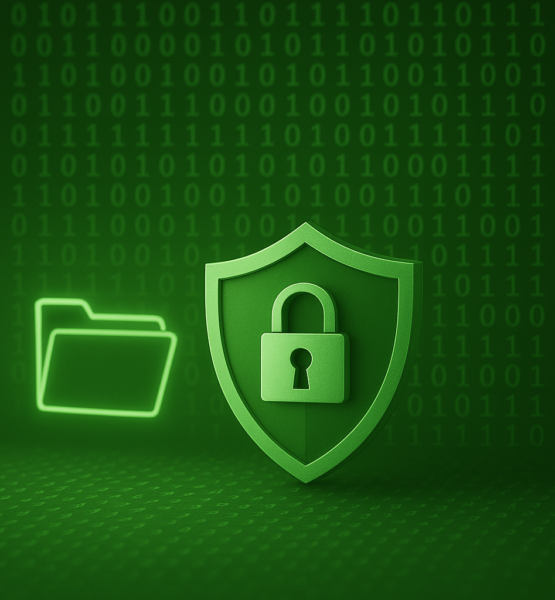 Grüne 3D-Darstellung eines digitalen Sicherheitssymbols: Im Vordergrund ein Schild mit Vorhängeschloss, das für Datenschutz und Zugriffskontrolle steht. Im Hintergrund ein stilisierter Ordner sowie eine binäre Matrix aus Einsen und Nullen. Das Bild symbolisiert den Schutz sensibler digitaler Informationen durch moderne Sicherheitstechnologien wie virtuelle Datenräume.