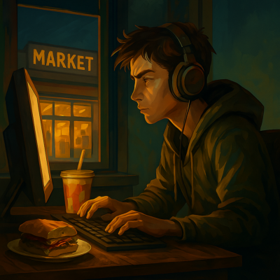 Digitales Gemälde im Stil der Serie „Arcane“: Ein Junge sitzt vertieft vor einem Computerbildschirm, mit Headset und Gaming-Setup. Neben ihm steht ein Teller mit Essen. Durch ein Fenster im Hintergrund ist ein hell erleuchteter Supermarkt mit der Aufschrift „Market“ zu sehen. Die Szene spielt nachts, ist atmosphärisch beleuchtet und betont die Isolation und Konzentration des Gamers, der seine Umgebung völlig ausblendet.