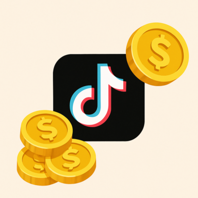 2D-Darstellung mit dem TikTok-Logo in der Mitte vor hellem beigen Hintergrund. Um das Logo herum sind mehrere goldene Münzen mit Dollarzeichen platziert, eine davon schwebt leicht über dem Logo. Die Illustration symbolisiert das Thema virtuelle Währungen auf TikTok, ohne Text oder Beschriftung im Bild. Stilistisch klar, modern und mit Fokus auf die visuelle Verbindung von Social Media und digitalem Geldfluss.