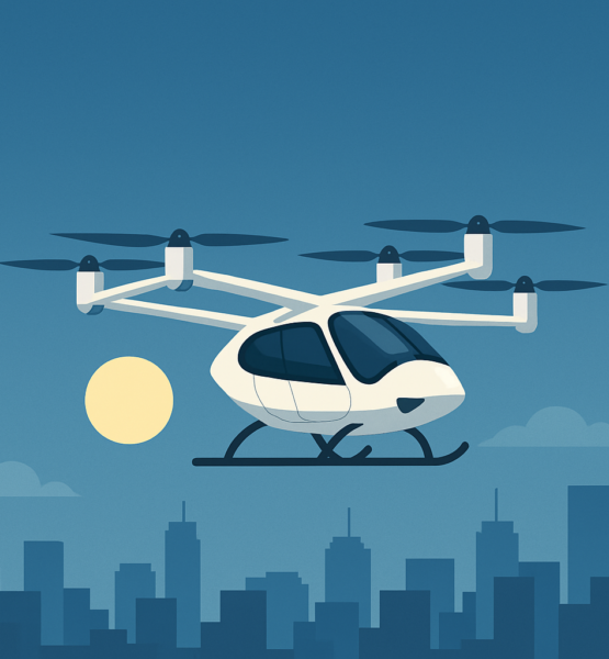 Ein weißes Lufttaxi (eVTOL) mit mehreren Rotoren schwebt über einer stilisierten Stadtlandschaft bei Sonnenuntergang. Der Himmel ist klar und blau, die Sonne steht tief, und im Hintergrund sind geometrisch gezeichnete Hochhäuser zu sehen. Die Szene ist in einem minimalistischen, flachen Illustrationsstil gehalten.