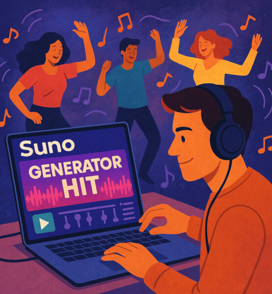 Eine digitale Illustration zeigt eine Person mit Kopfhörern, die an einem Laptop sitzt und mithilfe von Suno AI einen Hit-Song produziert. Auf dem Bildschirm des Laptops ist deutlich "Suno AI Generator Hit" zu lesen, daneben grafische Bedienelemente. Im Hintergrund tanzen drei fröhliche Personen zur Musik, umgeben von bunten Notensymbolen.