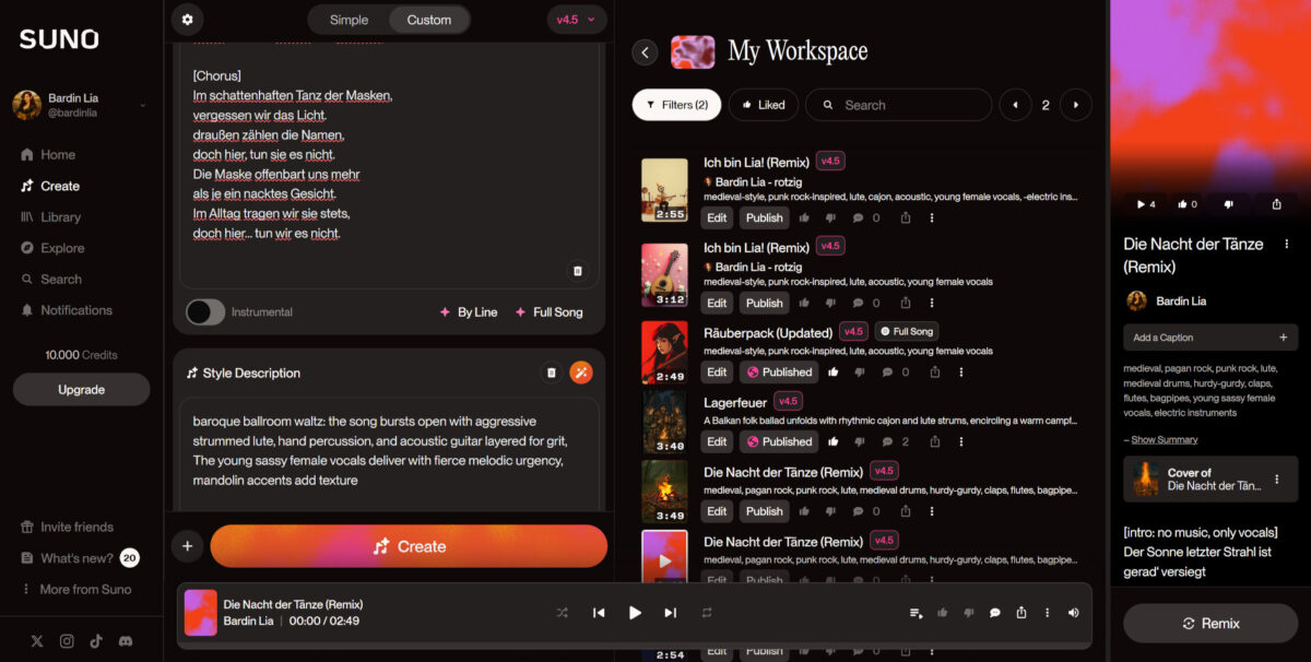 Die Suno AI-Oberfläche zur generierung verfügt über ein Feld für den Text und eines für den Stil.