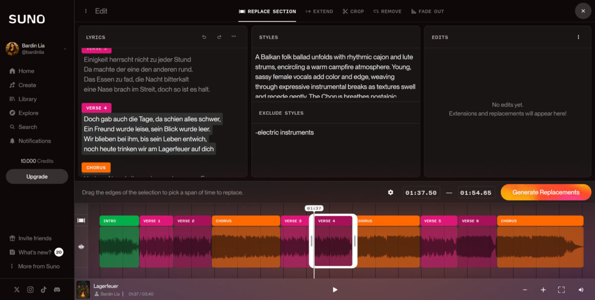 Ein Musikeditor in Suno-AI der das Lied in der Timeline auch in seine Strophen unterteilt.