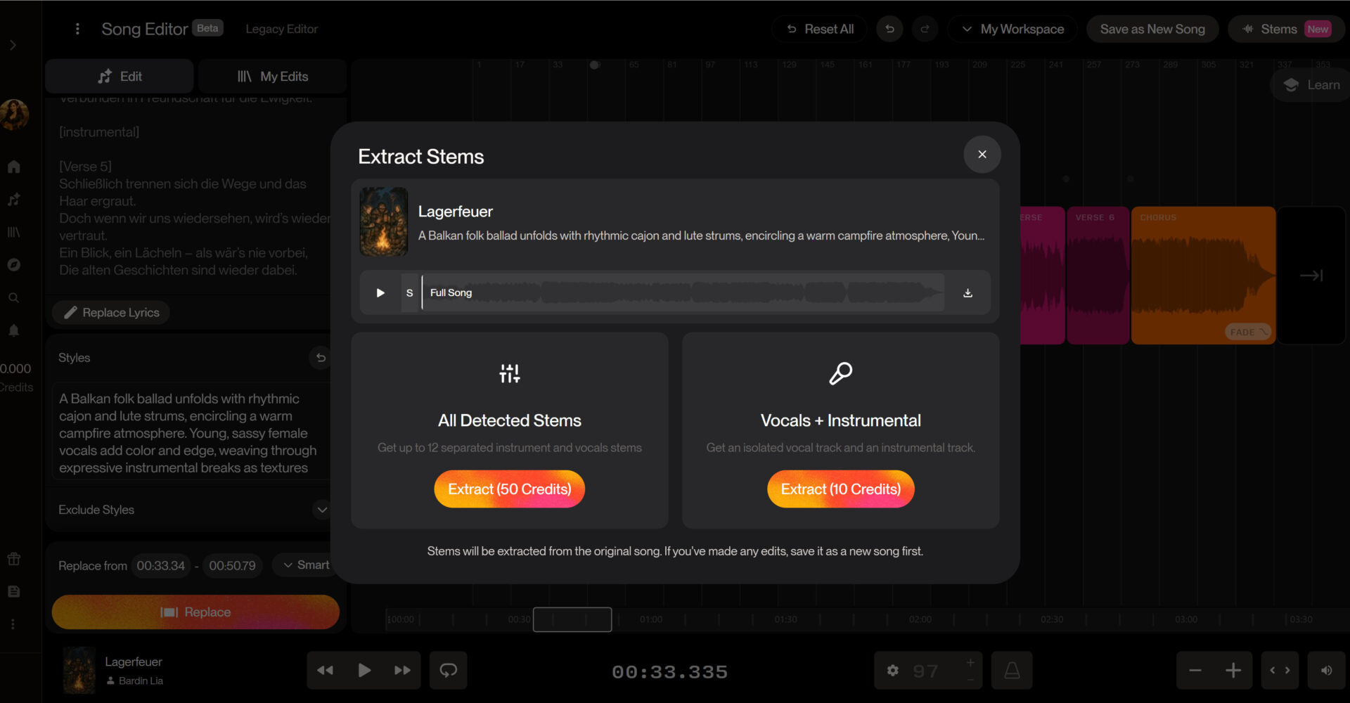 Der Editor von Suno AI bietet an entweder den Gesang oder bis zu 12 Spuren einzelner Instrumente aus dem Lied zu extrahieren.