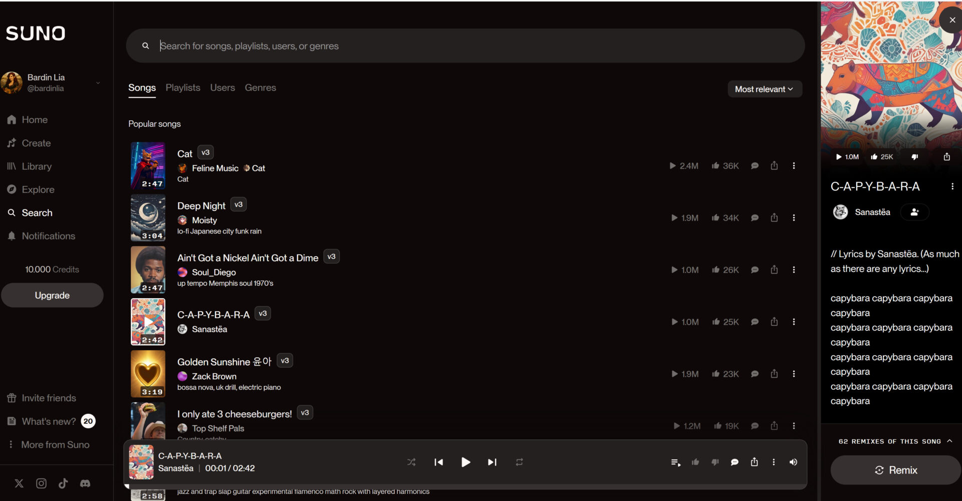 Eine Auflistung der populärsten Songs bei Suno AI zeigt eine Neigung zu Liedern über Tiere.