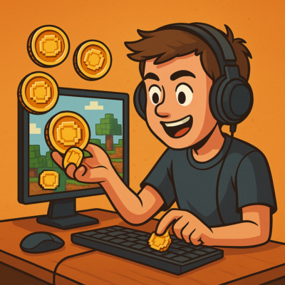 Eine bunte 2D-Illustration zeigt einen Gamer im Comicstil, der an einem Schreibtisch sitzt und lachend goldene Münzen mit typischem Pixel-Design in die Luft wirft. Die Münzen erinnern klar an Minecraft Coins. Im Hintergrund deuten Block-Texturen und digitale Elemente die Minecraft-Welt an. Das Bild vermittelt Spaß am Kauf und Einsatz von Ingame-Währung.
