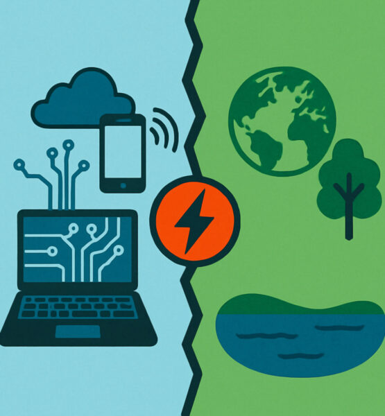Illustration im quadratischen Format, die den Gegensatz zwischen Digitalisierung und Nachhaltigkeit zeigt. Die linke Bildhälfte ist in blaut gehalten und zeigt Symbole für Technologie: einen Laptop mit Leiterbahnen, eine Cloud, ein Smartphone und ein Funksignal. Die rechte Seite ist grün und zeigt naturbezogene Elemente: eine stilisierte Weltkugel, einen Baum und einen See. In der Bildmitte trennt ein Zickzack-Streifen beide Hälften, darüber liegt ein orangefarbener Kreis mit einem schwarzen Blitzsymbol – als Zeichen des Spannungsfelds zwischen beiden Themen.