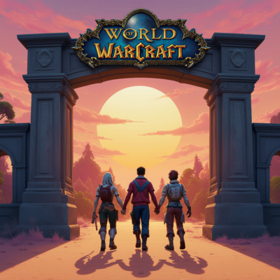 Ein Gamer aus dem echten Leben läuft Hand in Hand neben sich mit einer Gruppe an Figuren, die Videospiel Figuren repräsentieren, wie die Among Us Charaktere, Overwatch, Valorant, fortnite, also ganz untercshiedlich aussehen, sie gehen Richtung des Kontinenten aus World of Warcraft, durch ein Tor auf dem World of Warcraft steht, dahinter geht die Sonne gerade auf