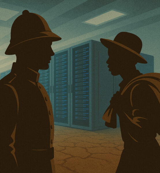 Illustration in Retro-Stil: Ein kolonial uniformierter Mann mit Tropenhelm steht einem afrikanischen Pflückarbeiter gegenüber, der einen Sack über der Schulter trägt. Im Hintergrund befindet sich ein modernes Rechenzentrum mit leuchtenden Serverracks, der Boden ist trocken und rissig – ein Symbol für digitale Ausbeutung im Kontext kolonialer Kontinuität.