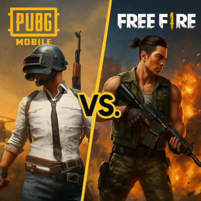 Quadratisches Vergleichscover für zwei Mobile Games: Links eine militärisch-realistische Szene aus PUBG Mobile mit Soldaten in taktischer Ausrüstung, Helmen und Gewehren in einer staubigen, actionreichen Umgebung. Rechts eine farbenfrohere, leicht futuristische Kampfszene aus Free Fire mit dynamischen Charakterposen, Waffen und Explosionseffekten. In der Mitte trennt eine diagonale Linie die beiden Hälften, darüber groß der Schriftzug „VS“.