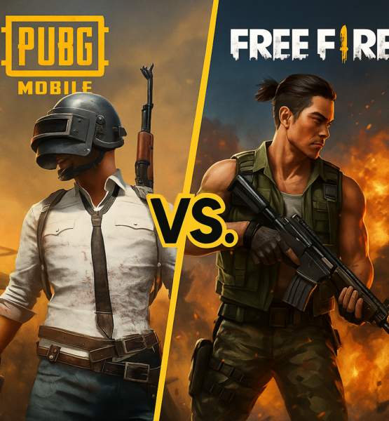 Quadratisches Vergleichscover für zwei Mobile Games: Links eine militärisch-realistische Szene aus PUBG Mobile mit Soldaten in taktischer Ausrüstung, Helmen und Gewehren in einer staubigen, actionreichen Umgebung. Rechts eine farbenfrohere, leicht futuristische Kampfszene aus Free Fire mit dynamischen Charakterposen, Waffen und Explosionseffekten. In der Mitte trennt eine diagonale Linie die beiden Hälften, darüber groß der Schriftzug „VS“.
