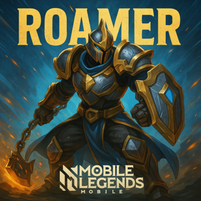 Quadratisches Actionmotiv zur Mobile Legends-Klasse „Roamer“: Eine dynamische Fantasy-Kriegerfigur in bewegter Kampfpose, umgeben von leuchtenden Effekten und angedeuteten Gegnern. Im Hintergrund epische, teils verschwommene Landschaft mit magischen Lichtern und Rauch. Farbstimmung kontrastreich mit Blau-, Gold- und Rottönen, klarer Verweis auf den Mobile Legends-Stil.