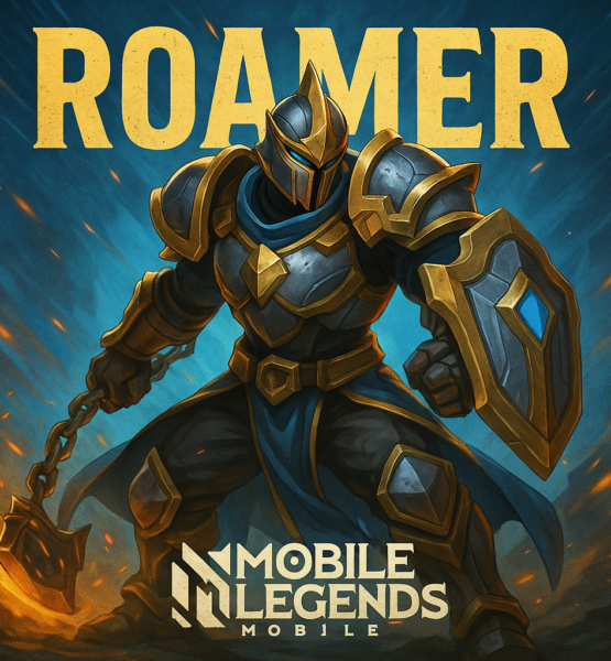 Quadratisches Actionmotiv zur Mobile Legends-Klasse „Roamer“: Eine dynamische Fantasy-Kriegerfigur in bewegter Kampfpose, umgeben von leuchtenden Effekten und angedeuteten Gegnern. Im Hintergrund epische, teils verschwommene Landschaft mit magischen Lichtern und Rauch. Farbstimmung kontrastreich mit Blau-, Gold- und Rottönen, klarer Verweis auf den Mobile Legends-Stil.