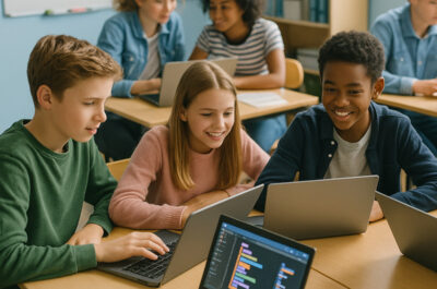 Eine Gruppe von Schülern sitzt in einem hellen Klassenzimmer in kleinen Gruppen an Tischen. Jeder hat einen Laptop vor sich, und auf den Bildschirmen sind bunte Programmierblöcke zu sehen. Die Kinder arbeiten konzentriert, lächeln und tauschen sich aus, was eine lebendige und interaktive Lernatmosphäre vermittelt.