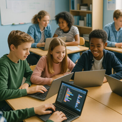 Eine Gruppe von Schülern sitzt in einem hellen Klassenzimmer in kleinen Gruppen an Tischen. Jeder hat einen Laptop vor sich, und auf den Bildschirmen sind bunte Programmierblöcke zu sehen. Die Kinder arbeiten konzentriert, lächeln und tauschen sich aus, was eine lebendige und interaktive Lernatmosphäre vermittelt.