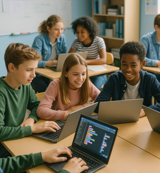 Eine Gruppe von Schülern sitzt in einem hellen Klassenzimmer in kleinen Gruppen an Tischen. Jeder hat einen Laptop vor sich, und auf den Bildschirmen sind bunte Programmierblöcke zu sehen. Die Kinder arbeiten konzentriert, lächeln und tauschen sich aus, was eine lebendige und interaktive Lernatmosphäre vermittelt.