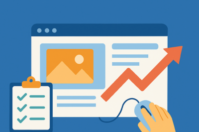 Eine minimalistische Illustration im Flat-Design zeigt den Prozess eines Website-Relaunchs. Vor einem blauen Hintergrund ist ein Browserfenster mit Bildsymbol und Textfeldern zu sehen, daneben ein roter Aufwärtspfeil, der Wachstum symbolisiert. Links steht ein Klemmbrett mit abgehakten Punkten, rechts bedient eine Hand mit einer Computermaus das Browserfenster. Das Bild vermittelt Organisation, Struktur und Fortschritt im digitalen Kontext.