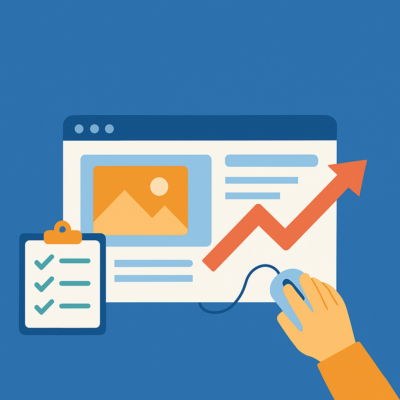 Eine minimalistische Illustration im Flat-Design zeigt den Prozess eines Website-Relaunchs. Vor einem blauen Hintergrund ist ein Browserfenster mit Bildsymbol und Textfeldern zu sehen, daneben ein roter Aufwärtspfeil, der Wachstum symbolisiert. Links steht ein Klemmbrett mit abgehakten Punkten, rechts bedient eine Hand mit einer Computermaus das Browserfenster. Das Bild vermittelt Organisation, Struktur und Fortschritt im digitalen Kontext.