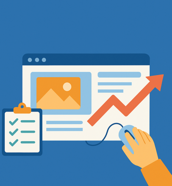 Eine minimalistische Illustration im Flat-Design zeigt den Prozess eines Website-Relaunchs. Vor einem blauen Hintergrund ist ein Browserfenster mit Bildsymbol und Textfeldern zu sehen, daneben ein roter Aufwärtspfeil, der Wachstum symbolisiert. Links steht ein Klemmbrett mit abgehakten Punkten, rechts bedient eine Hand mit einer Computermaus das Browserfenster. Das Bild vermittelt Organisation, Struktur und Fortschritt im digitalen Kontext.