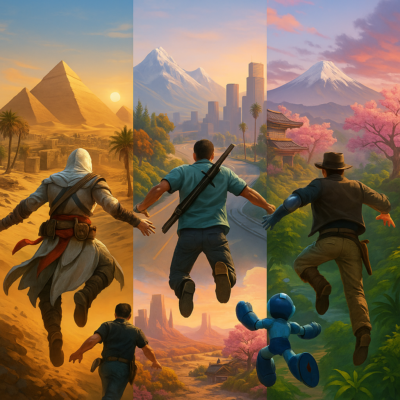 Darauf sieht man Charaktere aus Assassins Creed, GTA, Red Dead Redemption, Mega Man, und Indianer Jones, die man von hinten sieht. Sie springen alle in ihre eigenen Welten aus ihren Spielen und Filmen, also Agypten, USA, Dschungel, Japan