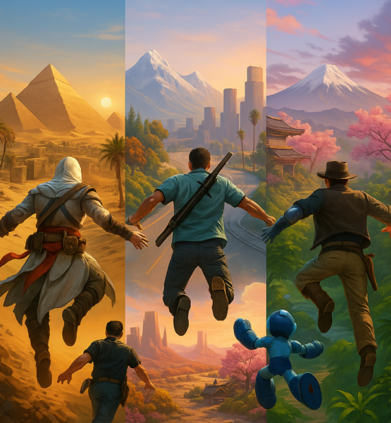 Darauf sieht man Charaktere aus Assassins Creed, GTA, Red Dead Redemption, Mega Man, und Indianer Jones, die man von hinten sieht. Sie springen alle in ihre eigenen Welten aus ihren Spielen und Filmen, also Agypten, USA, Dschungel, Japan