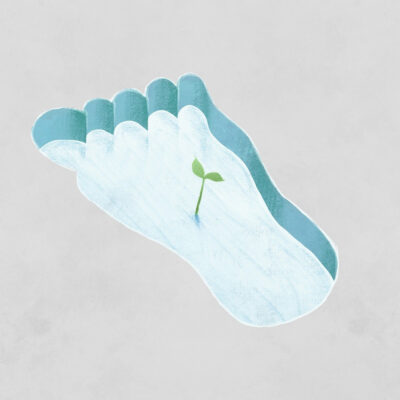 Auf einer grauen Fläche ist ein Fußabdruck zu sehen, gefüllt mit Wasser. In ihm wächst ein kleines Pflänzchen.