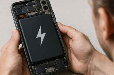 Eine Person hat ein geöffnetes Smartphone in der Hand, in dem auch der Akku zu sehen ist.