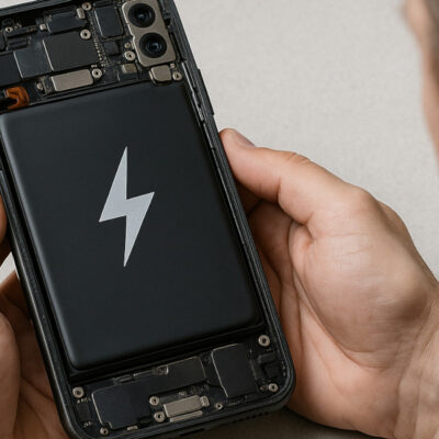 Eine Person hat ein geöffnetes Smartphone in der Hand, in dem auch der Akku zu sehen ist.