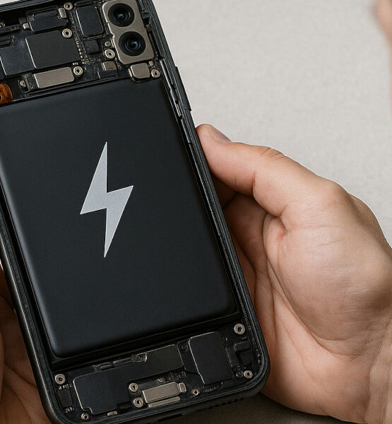 Eine Person hat ein geöffnetes Smartphone in der Hand, in dem auch der Akku zu sehen ist.