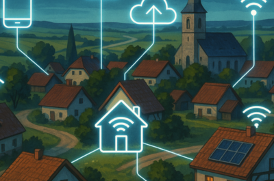 Ein idyllisches Dorf im ländlichen Raum mit roten Ziegeldächern, einer Kirche und umliegenden Feldern, in das digitale Symbole wie WLAN, Cloud und Smartphone integriert sind, um die technologische Vernetzung eines Smart Village darzustellen.