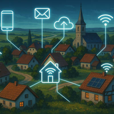 Ein idyllisches Dorf im ländlichen Raum mit roten Ziegeldächern, einer Kirche und umliegenden Feldern, in das digitale Symbole wie WLAN, Cloud und Smartphone integriert sind, um die technologische Vernetzung eines Smart Village darzustellen.