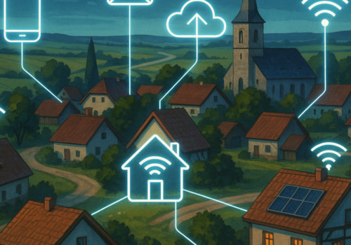 Ein idyllisches Dorf im ländlichen Raum mit roten Ziegeldächern, einer Kirche und umliegenden Feldern, in das digitale Symbole wie WLAN, Cloud und Smartphone integriert sind, um die technologische Vernetzung eines Smart Village darzustellen.