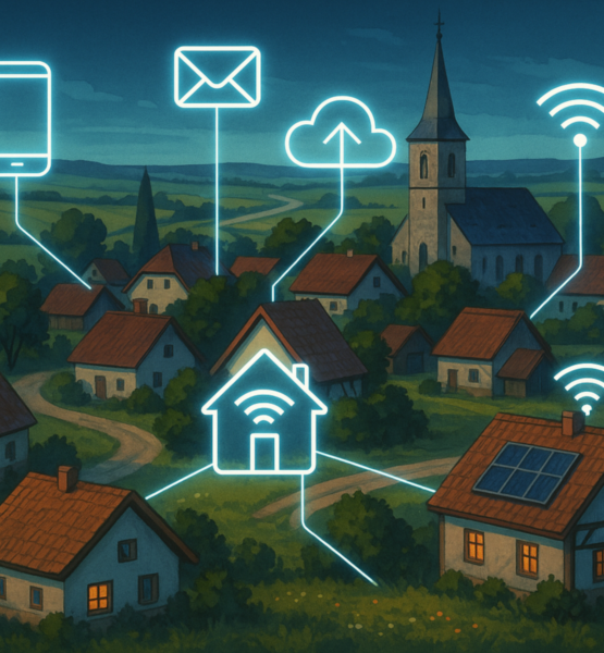 Ein idyllisches Dorf im ländlichen Raum mit roten Ziegeldächern, einer Kirche und umliegenden Feldern, in das digitale Symbole wie WLAN, Cloud und Smartphone integriert sind, um die technologische Vernetzung eines Smart Village darzustellen.