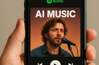Eine Hand hält ein Smartphone, auf dessen Bildschirm ein offensichtlich KI-generiertes Plattencover eines Sängers zu sehen ist. Darunter befinden sich die typischen Spotify-Steuerelemente mit Play/Pause-Taste und Zeitleiste, die anzeigen, dass gerade Musik abgespielt wird
