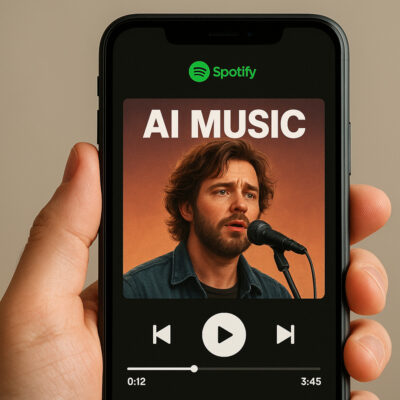 Eine Hand hält ein Smartphone, auf dessen Bildschirm ein offensichtlich KI-generiertes Plattencover eines Sängers zu sehen ist. Darunter befinden sich die typischen Spotify-Steuerelemente mit Play/Pause-Taste und Zeitleiste, die anzeigen, dass gerade Musik abgespielt wird