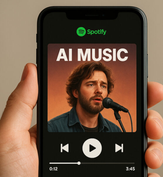 Eine Hand hält ein Smartphone, auf dessen Bildschirm ein offensichtlich KI-generiertes Plattencover eines Sängers zu sehen ist. Darunter befinden sich die typischen Spotify-Steuerelemente mit Play/Pause-Taste und Zeitleiste, die anzeigen, dass gerade Musik abgespielt wird